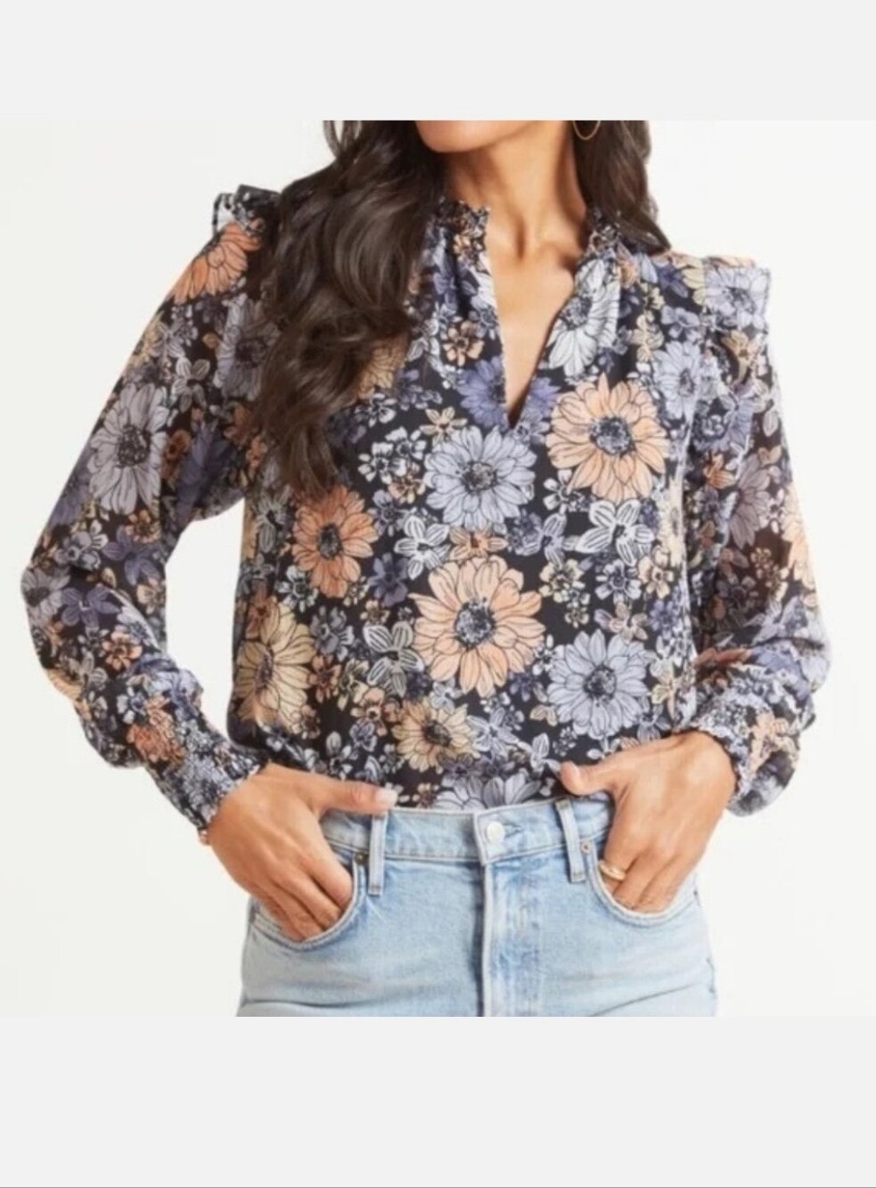BB Dakota By Steve Madden Women's Floral Me Not Long Sleeve Ruffled Top Size Xs